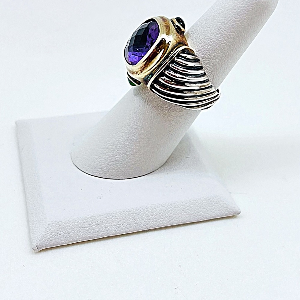 David Yurman Amethyst/Green Tourmaline Ring, 14k & SS, Size 7, Preowned, EUC